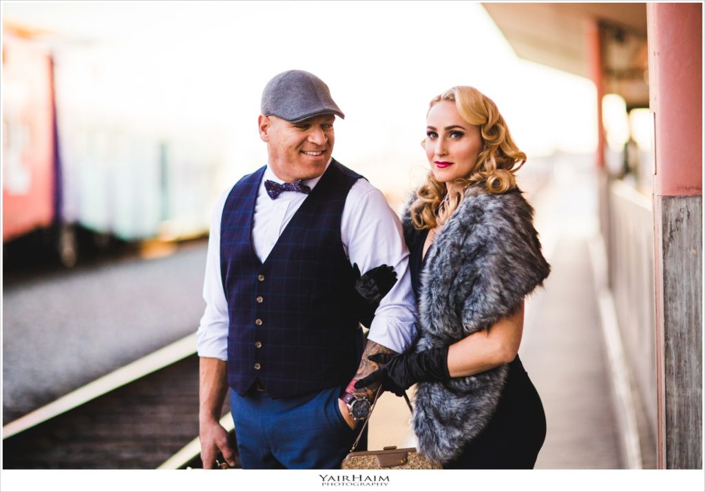photo of vintage engagement shoot couple in downtown los Angeles, vintage makeup and hair