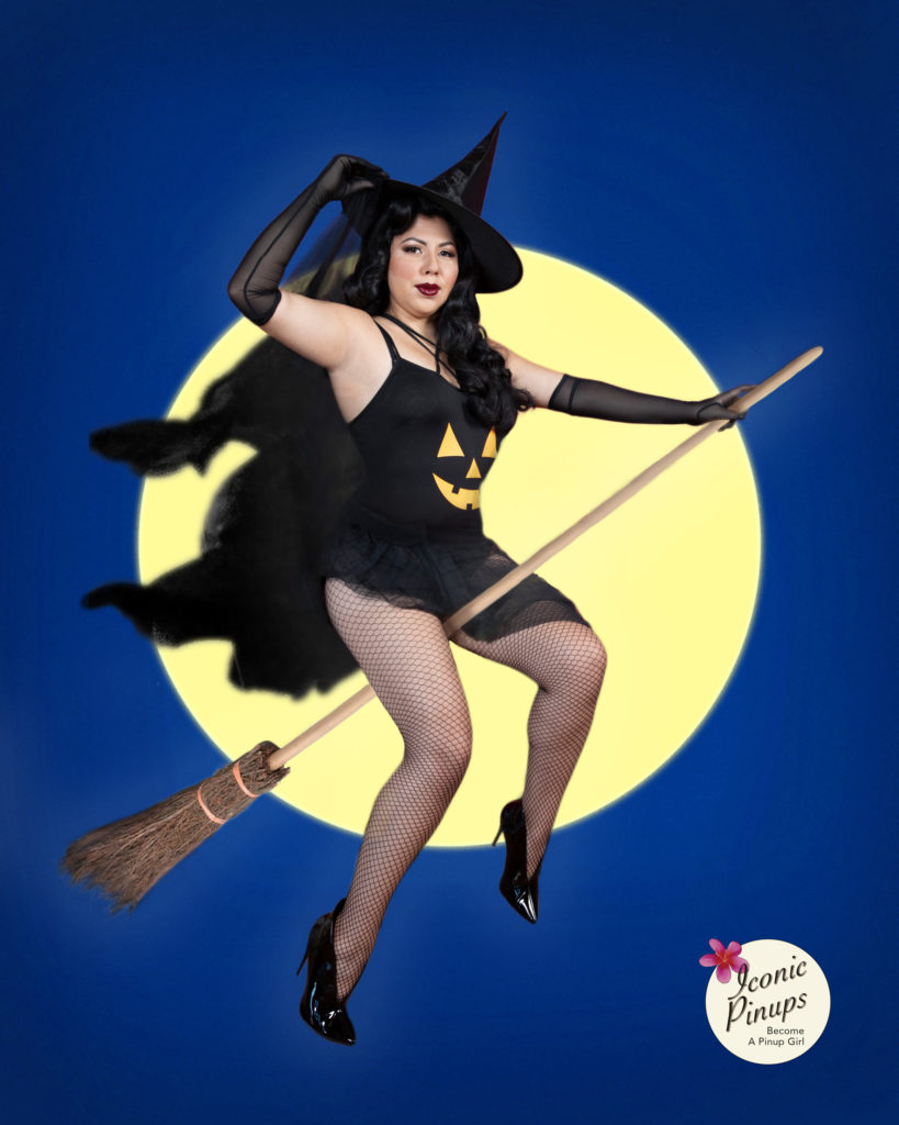 elvgren style pinup witch on broomstick retro vintage makeup and hair