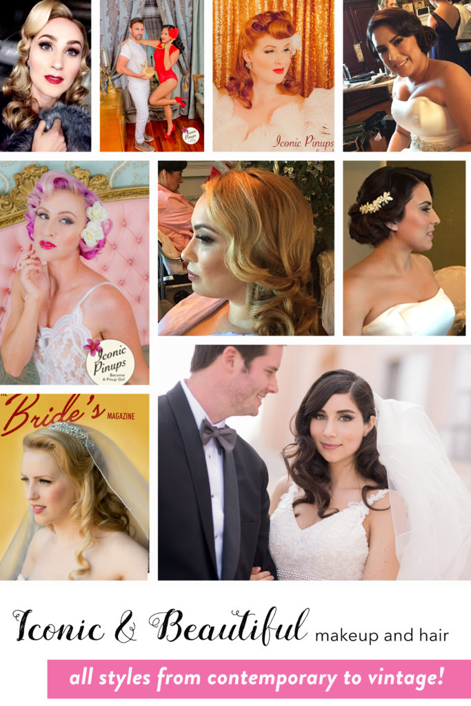 Photo collage of my makeup and hairstyling services: all types of hairstyles and makeup, from vintage to contemporary. The photos are wedding photos, pinup photos, and beautiful hairstyle photos.
