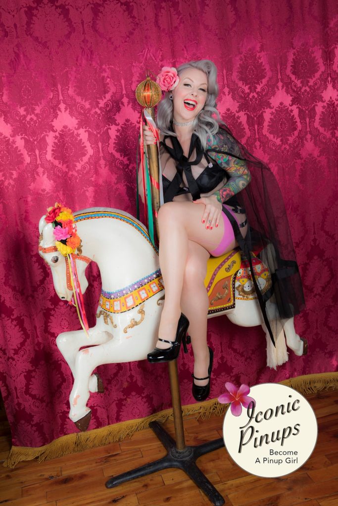 This pinup beauty is inspired by the burlesque circus horse routine of Dita Von Teese.