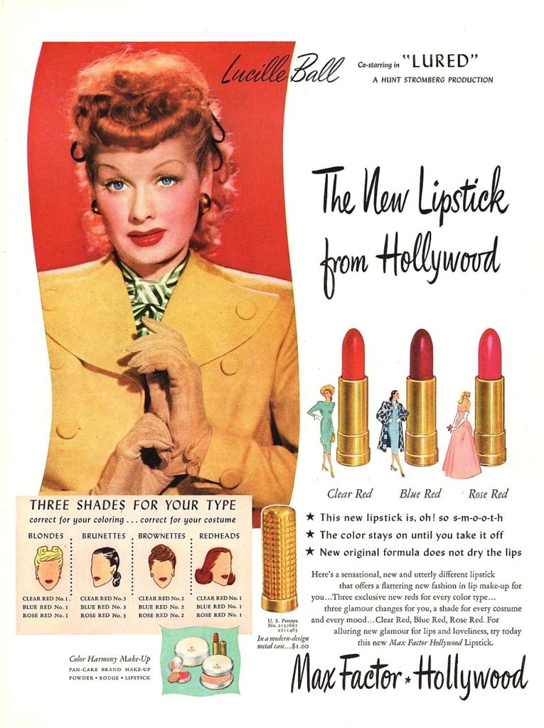 Vintage lipstick ad from the 1940s featuring Lucille Ball. Note the vintage lipstick tubes.