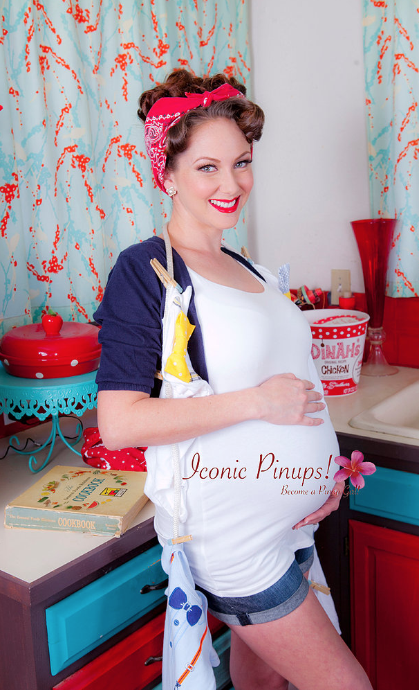 vintage mom to be doing a maternity photo shoot in a vintage kitchen
