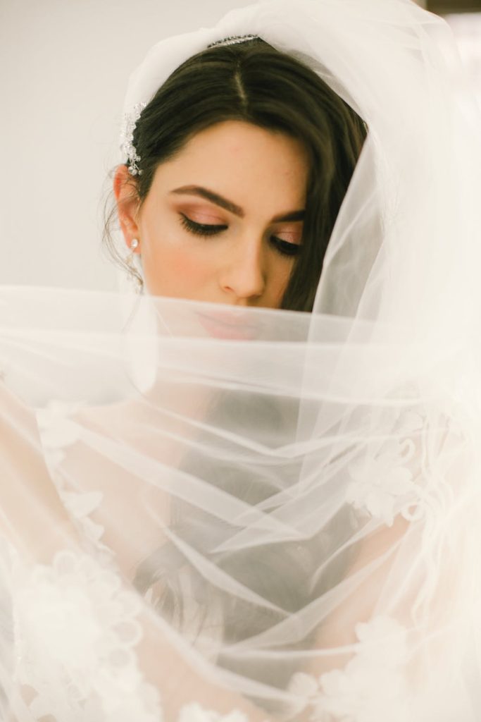 close up photo of bride's face with beautiful wedding makeup and hair, wearing a veil