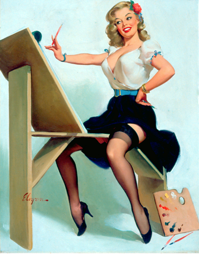 Vintage pinup illustration by Gil Elvgren in the 1950s. It is a pinup gal doing artwork on an easel.