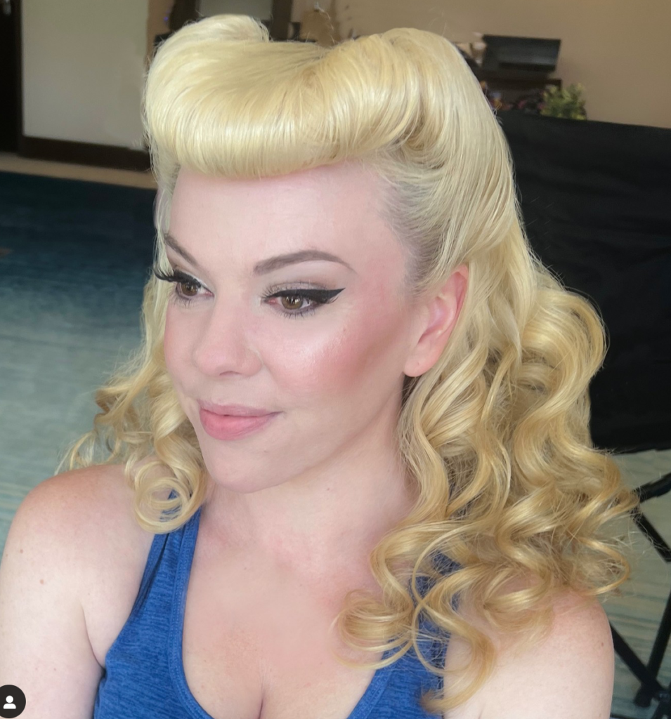 Vintage hairstyle with bumper bangs  and pinup makeup in Los angeles