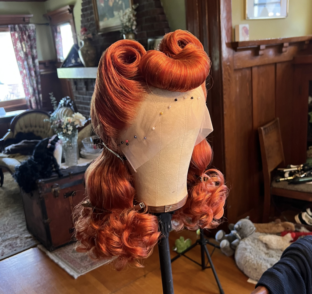 Redhead wig vintage inspired bumper bangs and victory rolls