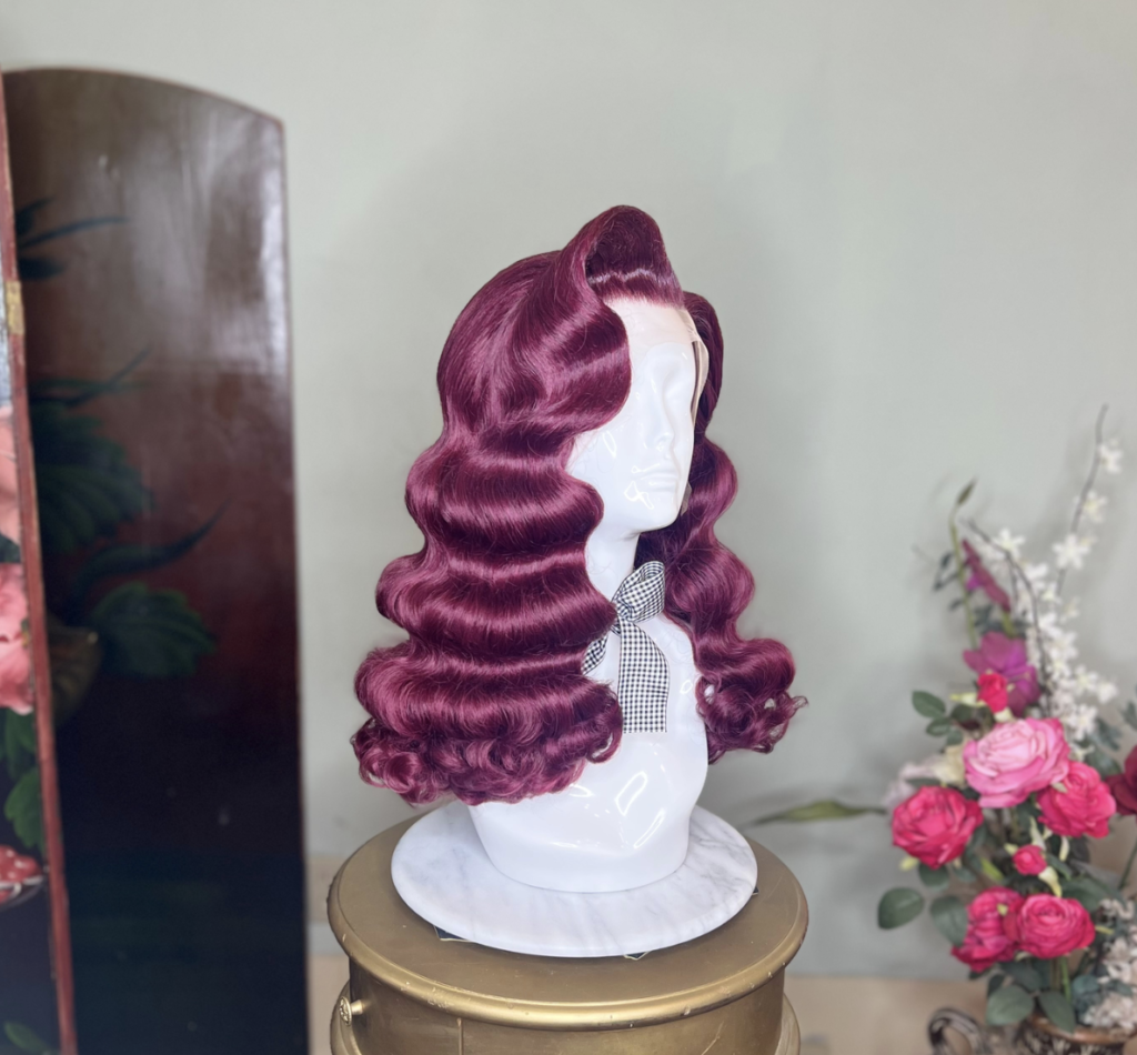 Burgundy wig long Hollywood waves hairstyle