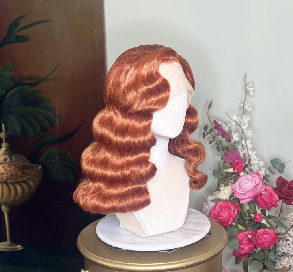 redhead wig vintage style with Hollywood waves